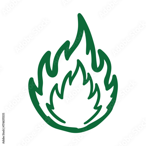 Green doodle illustration of a flame symbol against a pure white background