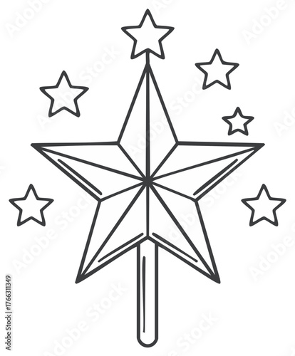 Christmas tree star topper outline with small stars. Decorative holiday graphic element for greeting cards or posters.