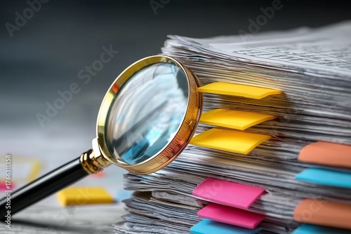 Magnifying Glass Examines Colorful Tabbed Documents for Detailed Analysis and Research