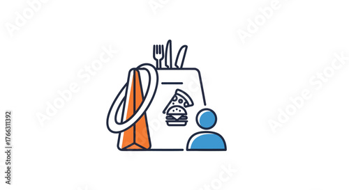 A stylized icon of a person with a shopping bag full of takeout food like pizza and burgers, representing a food delivery service.