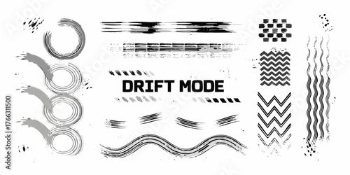 Collection of abstract grunge brush stroke elements and tire tracks with drift mode text