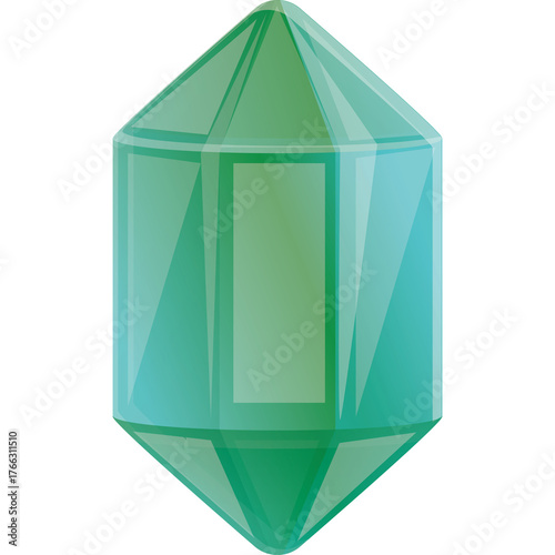 Transparent Green Crystal Gemstone with Faceted Edges and Light Reflections on White Background
