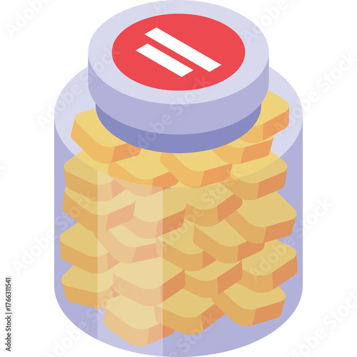 Transparent Jar Filled With Golden Cubes And Red Lid With White Double Lines Icon Isolated On White Background Represents Storage Or Savings Concept