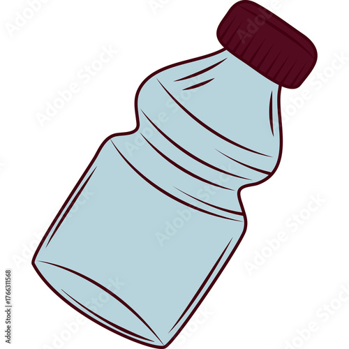 Transparent Light Blue Plastic Bottle With Dark Red Cap Tilted Slightly To The Right With A Simple Line Drawing Style Against A White Background