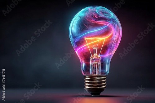 Vibrant Lightbulb with Colorful Swirling Neon Patterns Against a Dark Background