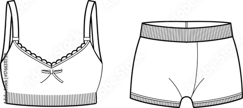 CAD drawing flat vector illustration, bralette and boyshorts silhouette icon, lingerie fashion sketch, garment blueprint, intimate apparel design