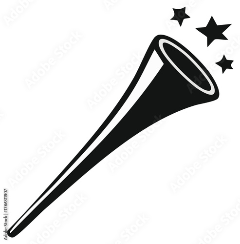 Musical Trumpet Celebration with Stars Black and White Simple Icon Design for Joyful Event Graphic