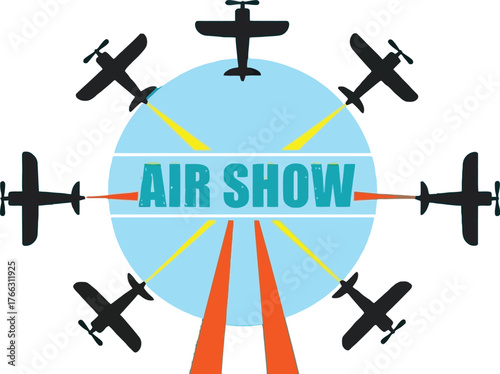 Exciting air show with stunt planes and vibrant trails, perfect for promoting aviation events and family fun, a dynamic illustration for posters or ads