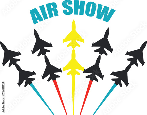 Exciting air show formation with dynamic fighter jets soaring through the sky, celebrating flight and freedom at a vibrant aviation event