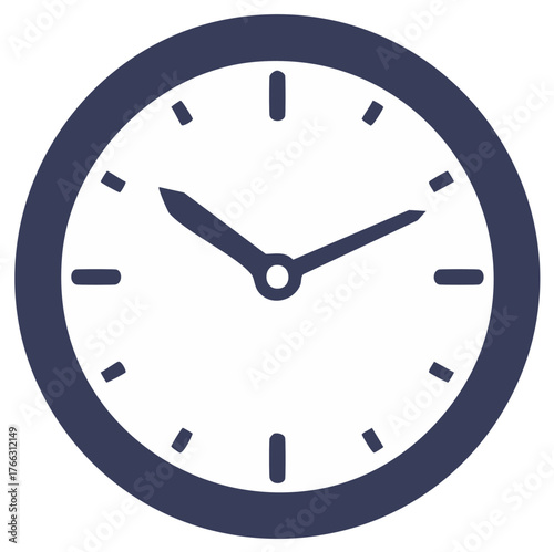 Minimalist dark blue analog clock with hour and minute hands showing approximately ten minutes to ten oclock
