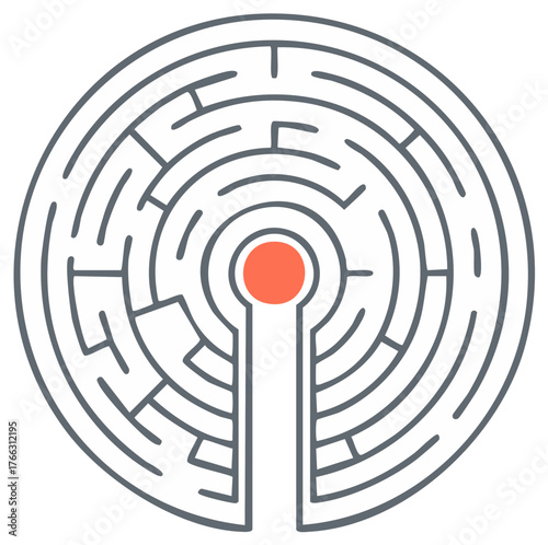 Circular maze with a central goal and path. Concept of puzzle, challenge, and navigation.