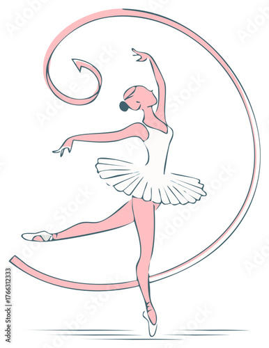 Graceful ballerina in pink tutu and pointe shoes performs with a swirling ribbon
