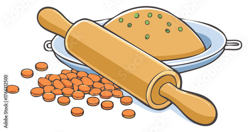 Traditional baking ingredients and kitchen tools featuring a wooden rolling pin, lentils, and dough in a pan