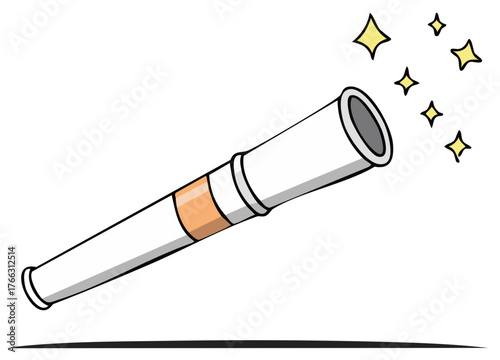 Illustration of a white telescope with an orange band pointing upward with sparkling stars