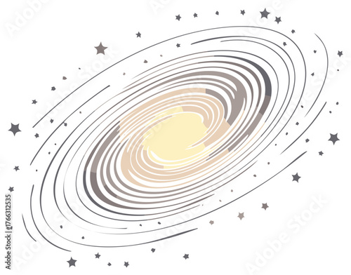 Stylized spiral galaxy illustration with stars swirling in cosmic space