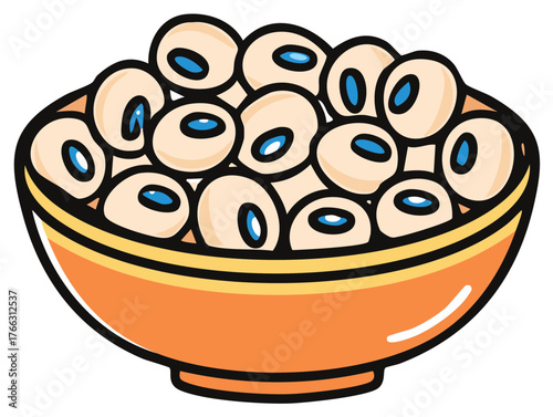 Bowl Full of White Beans with Blue Centers Cartoon Illustration