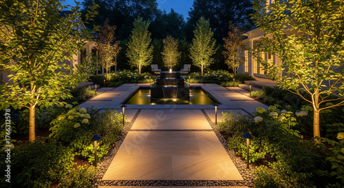Beautiful landscape design of the backyard of a private house.