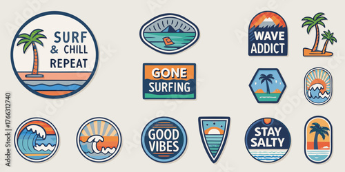 Collection of surf and beach themed patches with tropical vibes and motivational sayings