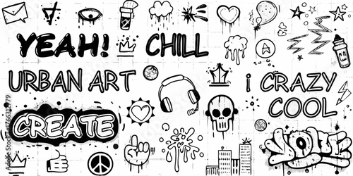 Urban art doodle collection featuring words like yeah chill create crazy cool and various icons