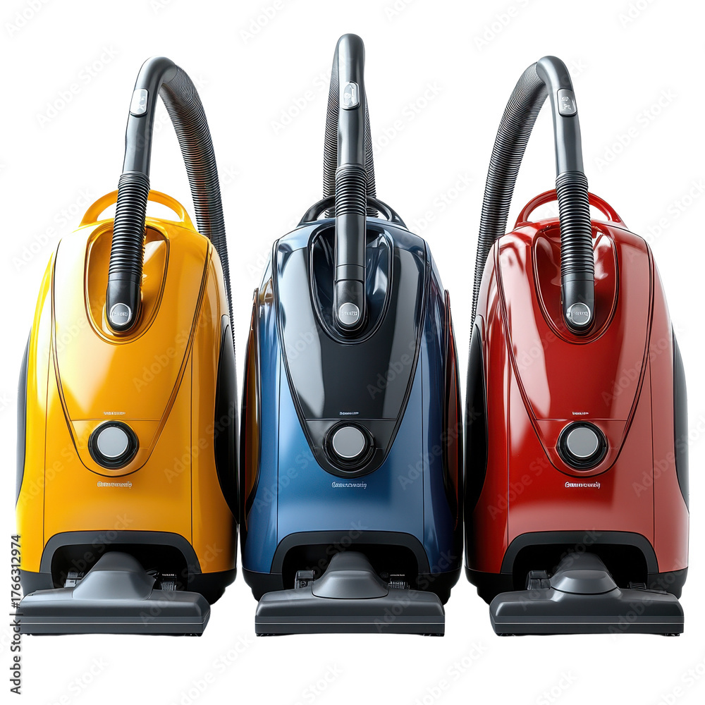 Fototapeta premium Three canister vacuums in yellow blue and red on a black background transparent background, png