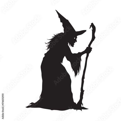 evil halloween witch crone holding a crooked staff silhouette vector.