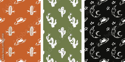 Whimsical hand drawn western desert patterns featuring cacti cowboy hats moons and stars in various color palettes