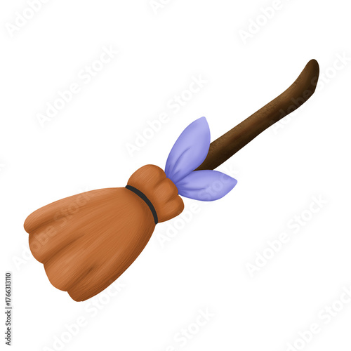 Cute Witch Broomstick with Purple Ribbon – Kawaii Magic Illustration.Perfect for cute witch themes, fantasy art, and Halloween illustrations. Ideal for stickers, games, and magical character designs.