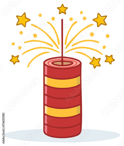 Red and yellow firecracker exploding with stars and sparks for celebrations