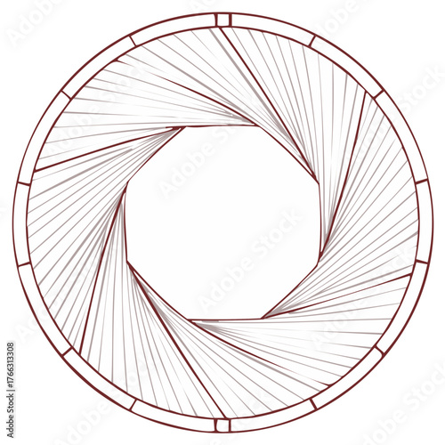 Minimalist line art illustration of a camera shutter aperture with a spiral geometric pattern
