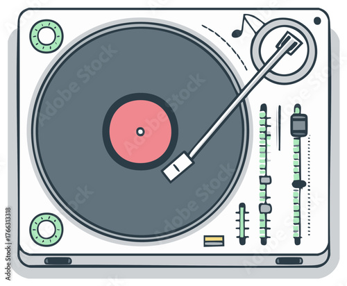 Flat vector illustration of a DJ turntable with a vinyl record and audio mixer controls
