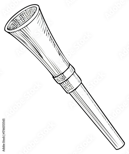 Elegant wind musical instrument drawn, didgeridoo instrument in black and white in vector line art.