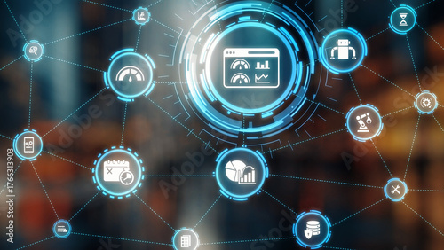 Predictive maintenance icons for industry, automation, smart factory and manufacturing showing data analysis, monitoring, robotics and system optimization with advanced maintenance solutions. Gist
