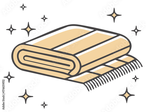 Freshly Washed Folded Blanket or Towel Illustration with Sparkle Icons Symbolizing Cleanliness and Newness
