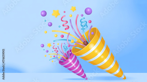 Two party poppers exploding with colorful confetti and stars