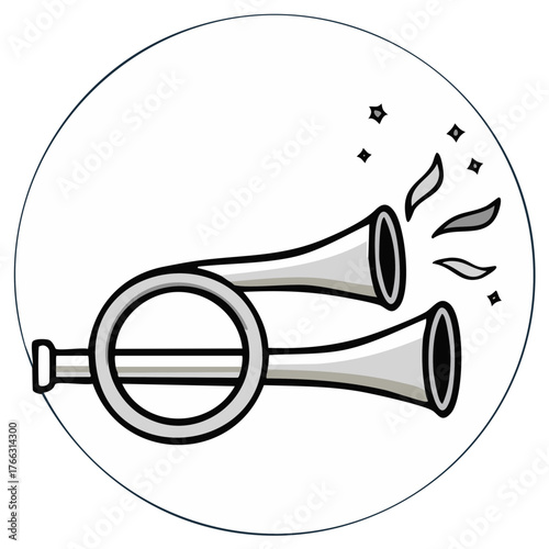 Cartoon illustration of a celebratory noisemaker with sound waves and stars in a circle design