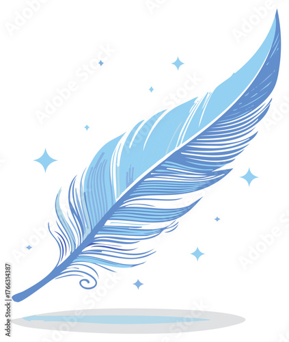 Delicate light blue feather illustration with elegant texture lines and magical sparkling stars floating gracefully