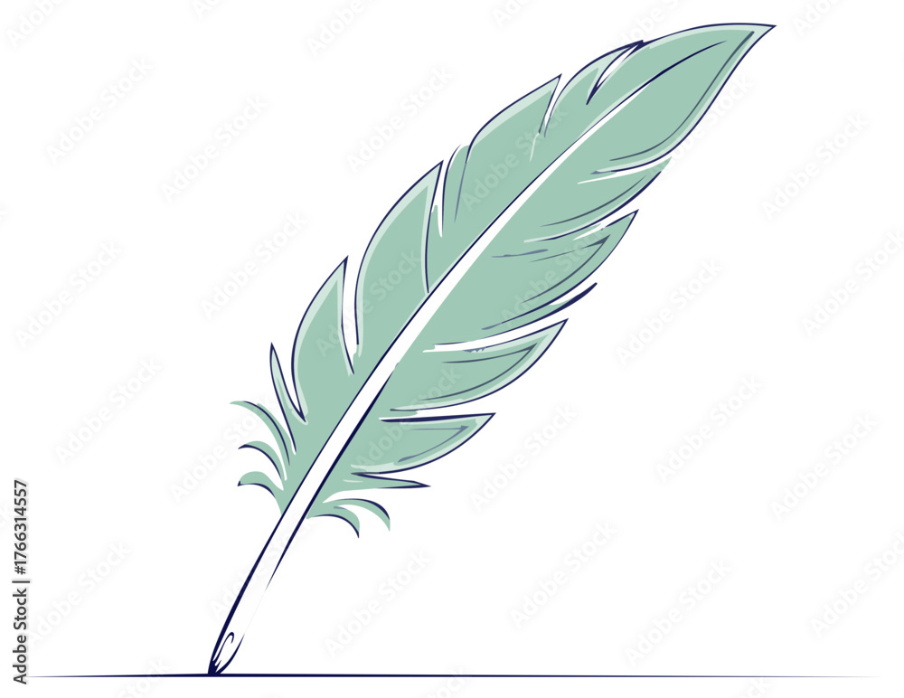 Obraz premium Light Green Quill Pen Illustration on White Background Detailed Sketch Design