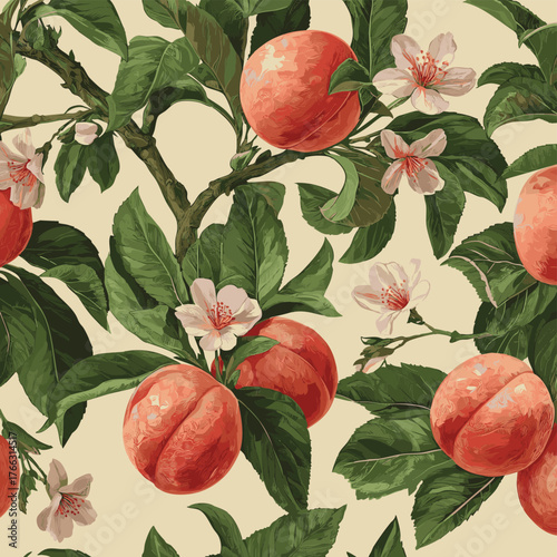 Seamless vector pattern of Peach Fruit Pattern with Leaves and Flowers on Cream Background