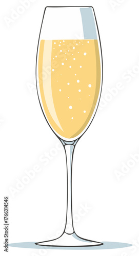 Elegant hand drawn champagne flute with sparkling wine and bubbles ready for a festive toast or party celebration