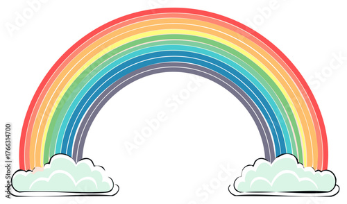 Illustration of a Colorful Rainbow Above Puffy Clouds, Weather Concept