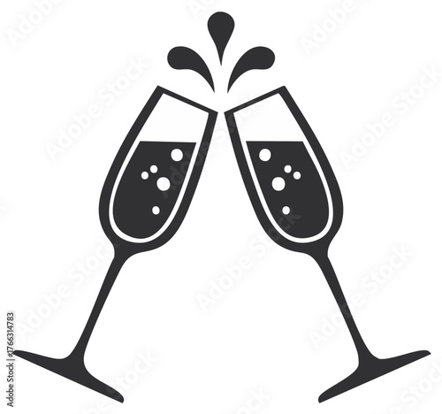 Minimalist black and white icon showing two champagne flutes toasting with effervescent splash