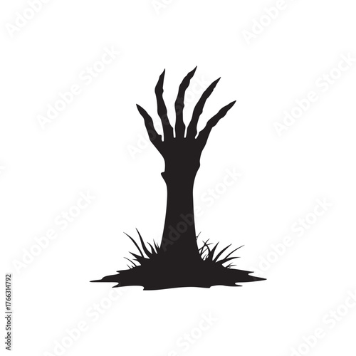 creepy zombie hand rising from grave dirt with grass silhouette vector illustration.