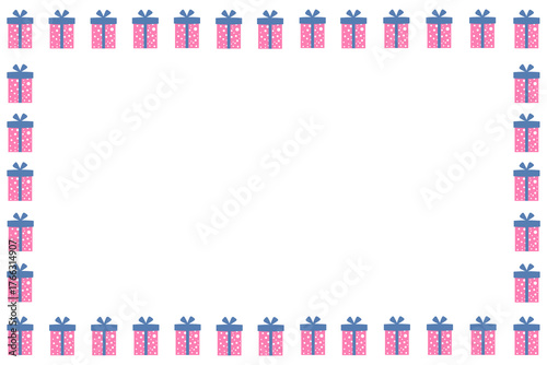 Horizontal holiday frame. Festive pink boxes with blue ribbon. Greeting card. Christmas, New Year, Happy Birthday. Flat vector design.
