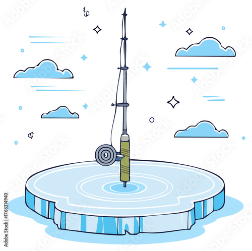 Stylized cartoon illustration of an ice fishing rod on a frozen lake floe with clouds and stars