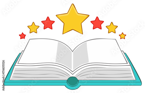 Cartoon open book with stars, education and knowledge illustration