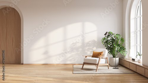 Modern living room with a  white velvet armchair on wooden floor and white wall and large arched windows.3drender