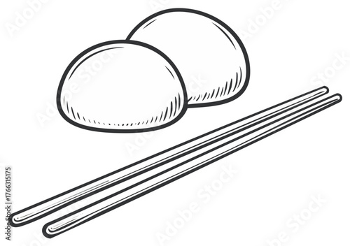 Hand drawn illustration of Mochi cakes and chopsticks for Asian themed cooking designs