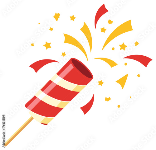Illustrated party popper with confetti and stars, celebrating event and joyful moment.