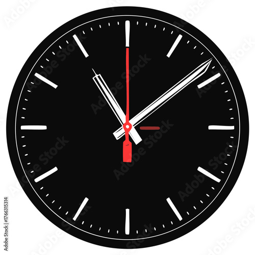 Modern black clock face with sharp white hour markers and red second hand