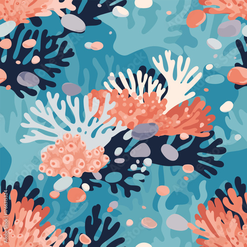 Vibrant Coral Reef Ecosystem Seamless Pattern Design.